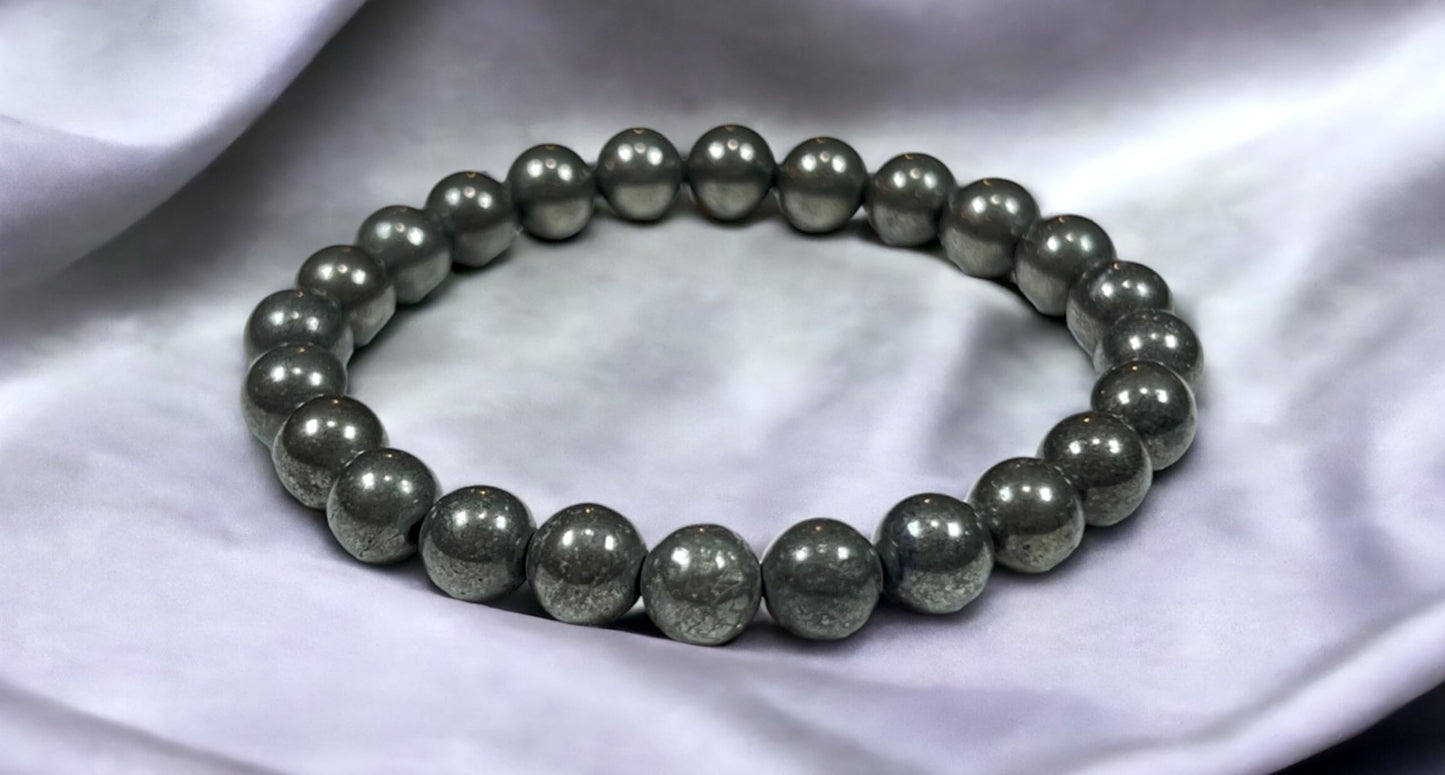 Ignite Your Willpower: Handmade Pyrite Stretch Bracelet (8mm Beads) - Aries Birthstone & Solar Plexus Chakra Power