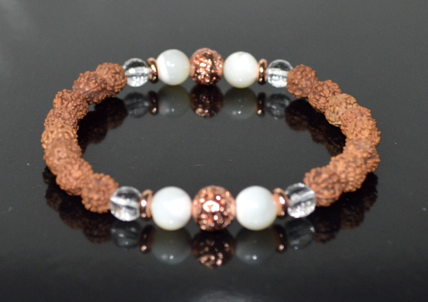 5 Mukhi Chikna Rudraksha, Crystal Quartz, Mother of Pearl and Lava Stretch Bracelet - April Birthstone for Aries, Taurus - Root & Crown Chakra Alignment