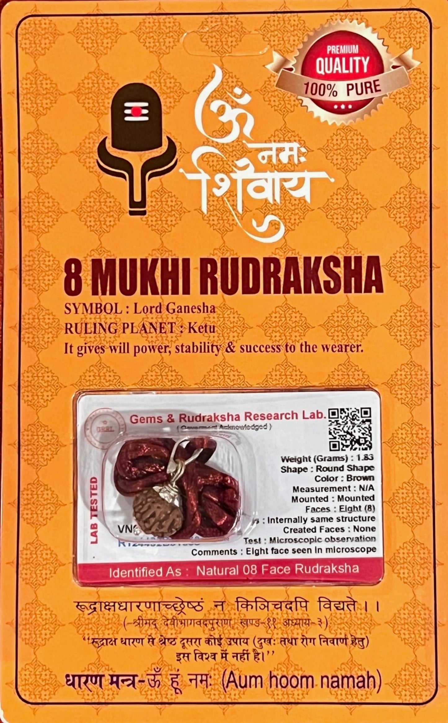 Certified 8 Mukhi Rudraksha Pendant Necklace (Eight Faces) - Embrace Abundance & Prosperity