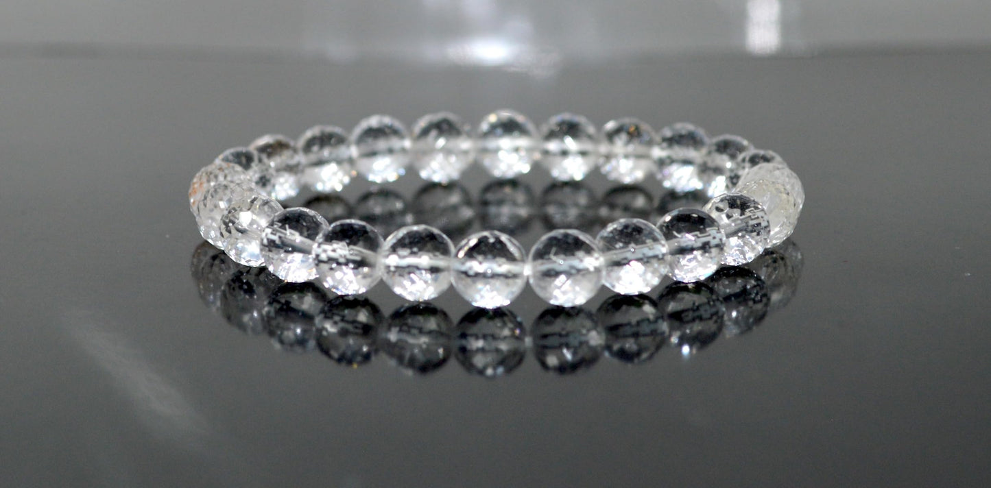 Diamond Cut Crystal Quartz Stretch Bracelet – 6mm & 8mm – April Birthstone for Aries and Taurus Zodiac Sun Sign – Crown Chakra Energy Bracelet