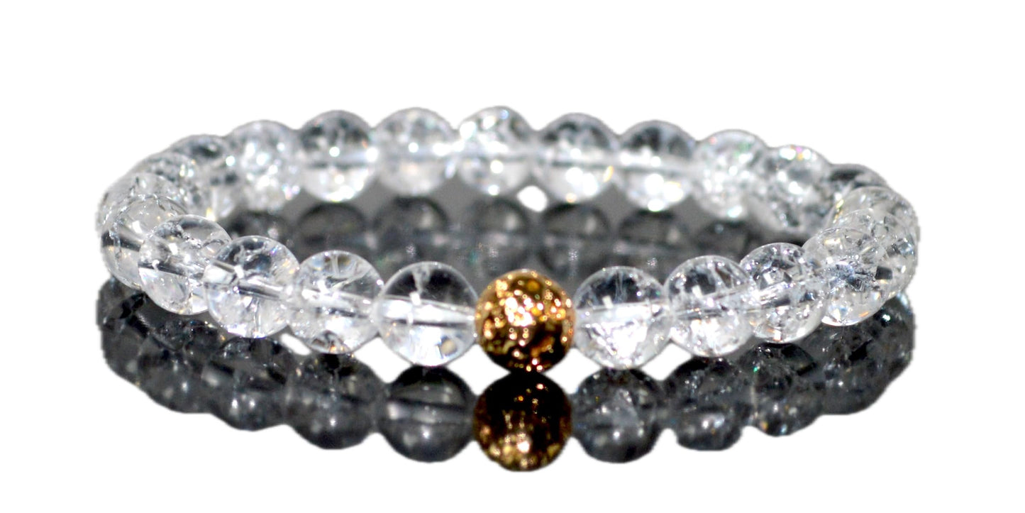 Himalayan Ice Crystal Quartz and Lava Beads Stretch Bracelet – Multi Tone Finish – Aries Birthstone – Universal Sun Sign - Crown Chakra Energy Bracelet