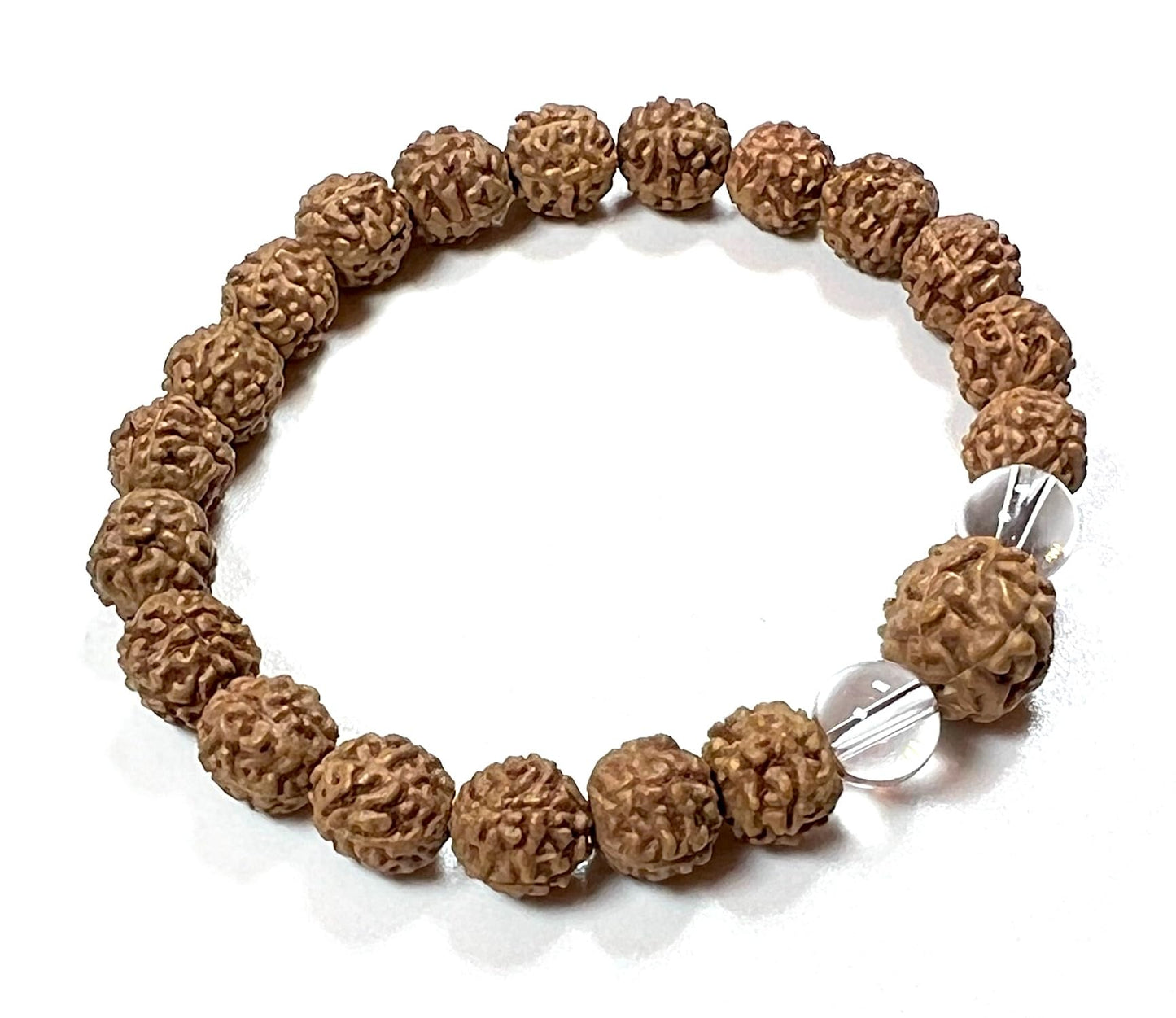 AWAKEN YOUR KUNDALINI Divine Harmony - Stretch Bracelet with Rudraksha & Crystal Quartz - 5 Mukhi, 7 Mukhi Rudraksha, April Birthstone, Taurus Gemstone, Root Chakra