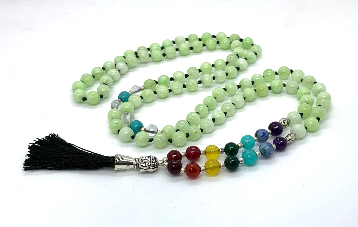 Energized 7 Chakra mala beads Hand Knotted 108 beads necklaces - Japa - Buddhist prayer beads - Meditation - Healing crystals for men women (Fluorescent Green Jade Heart chakra mala)