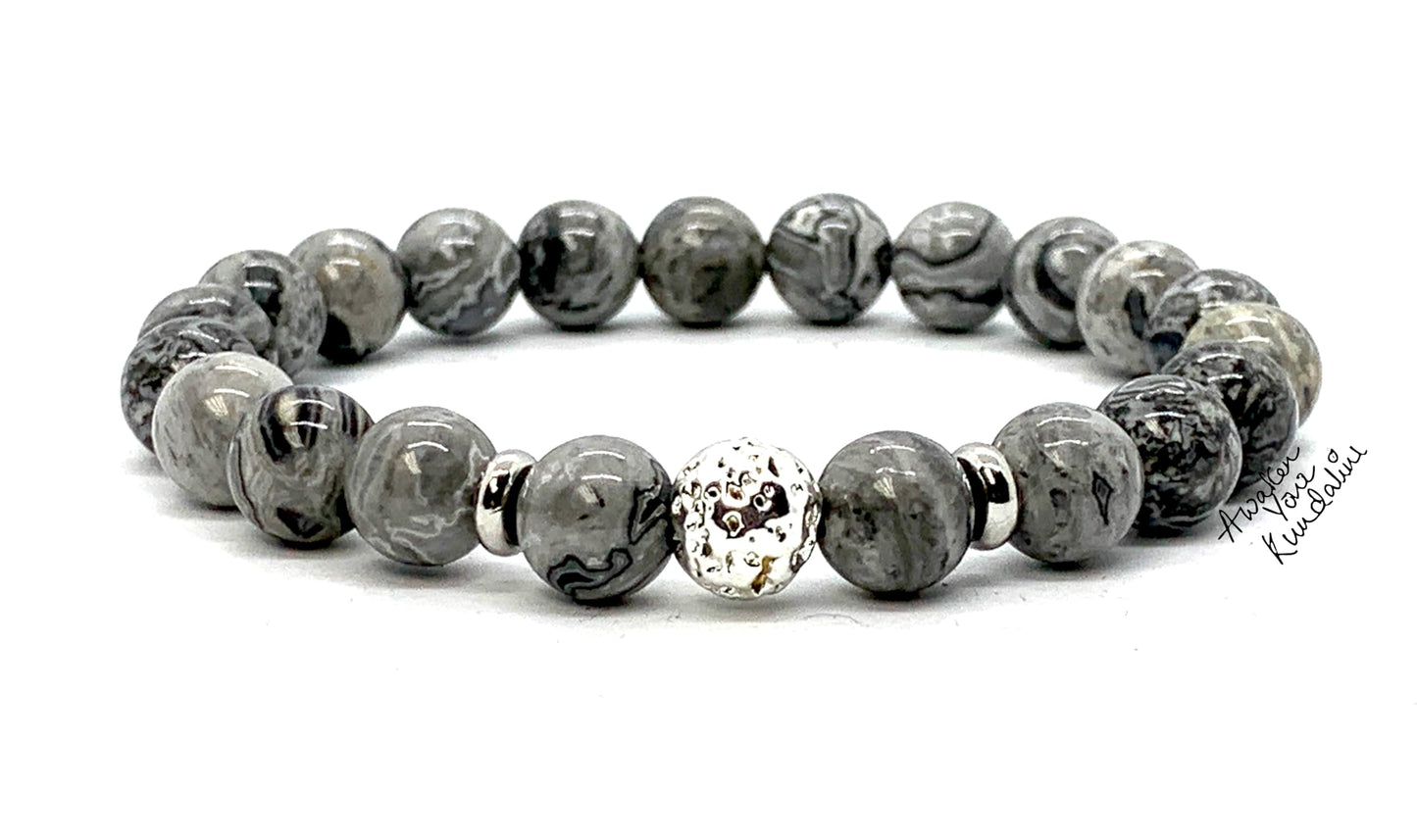 Scenic Jasper & Lava Rock Stretch Bracelet – Adjustable Size 5.5-9.5 Inches – Birthstone for Virgo & Libra - Root & Sacral Chakra