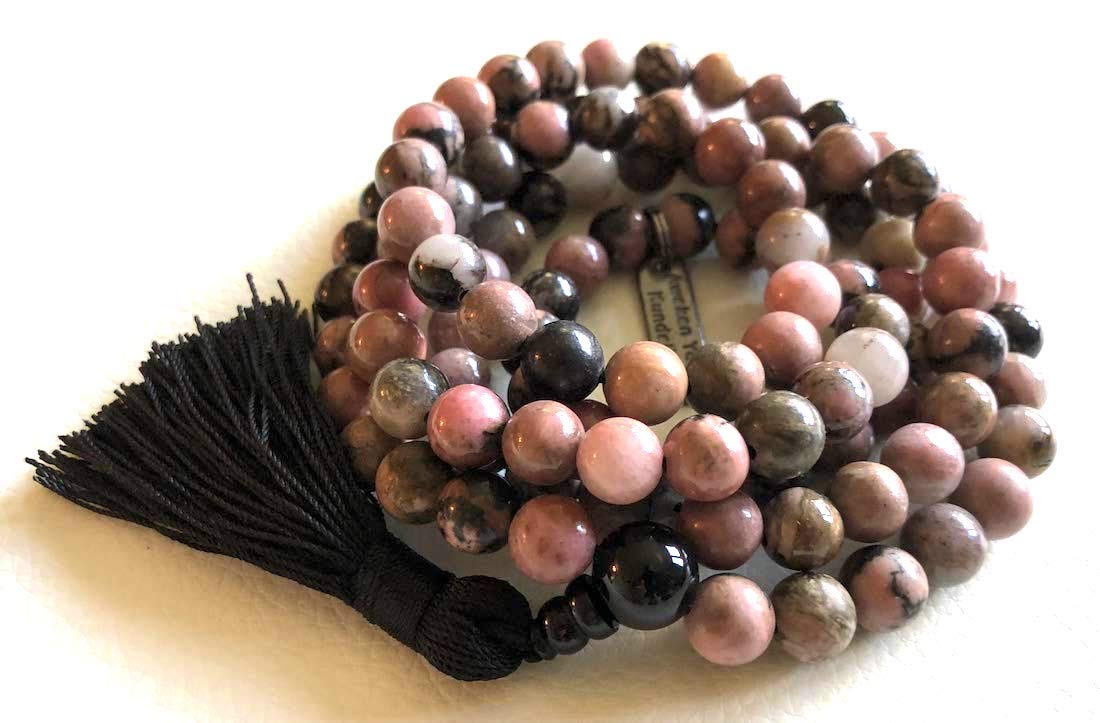 Crystal Mala Beads Necklace Reiki Healing Gem Stones Blessed & Energized Handmade 108 Buddhist Prayer Beads Buddha Beaded Necklaces Yoga Meditation Jewelry - w/ Velvet Pouch ( Rhodonite, 8 mm )