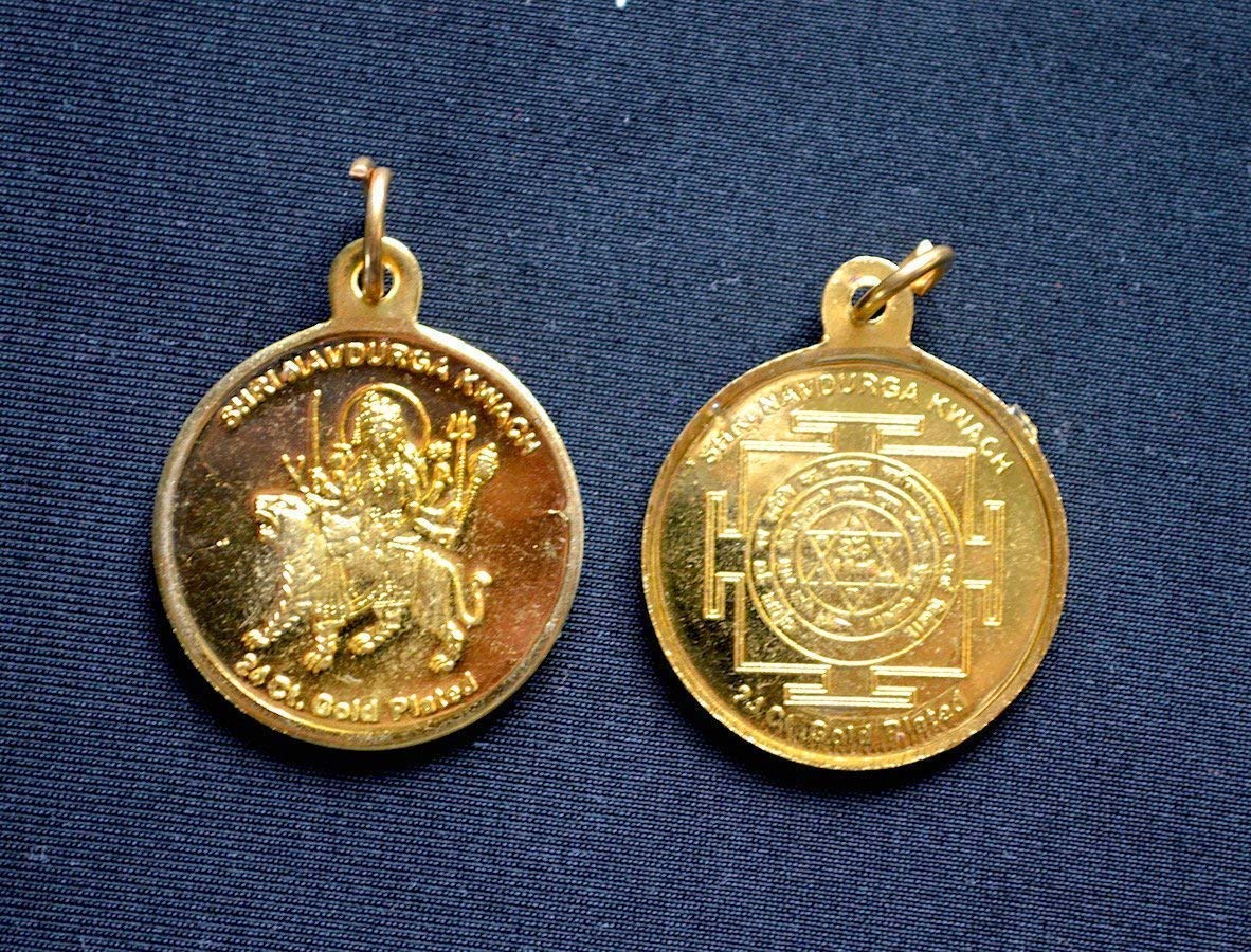 Durga Beesa Bisa Yantra Kavach Pendant, Ashtadhatu, Universal Sun Sign, Root Chakra Jewelry