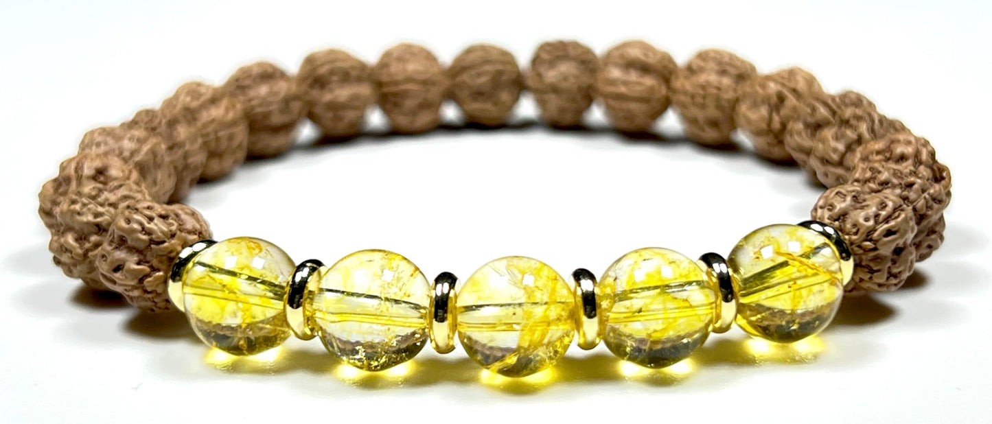 5 Mukhi (5 Faces) Chikna Rudraksha and Citrine Stretch Bracelet - November Birthstone for Sagittarius and Scorpio - Solar Plexus Chakra
