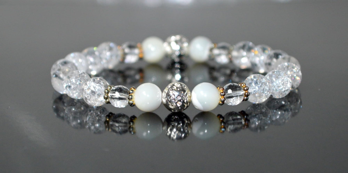 Handmade AAA Crackled and Faceted Crystal Quartz with Mother of Pearl Stretch Bracelet, Gemini Birthstone, May-June Sun Sign, Crown Chakra