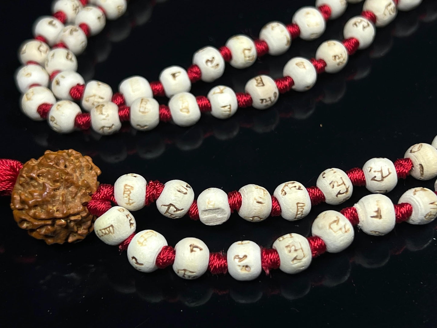 Tulsi Mala Beads Necklace w/ 5 Mukhi Rudraksha – 8mm Beads with "Ram" Inscription – Root Chakra & Aries Birthstone – Meditation Jewelry
