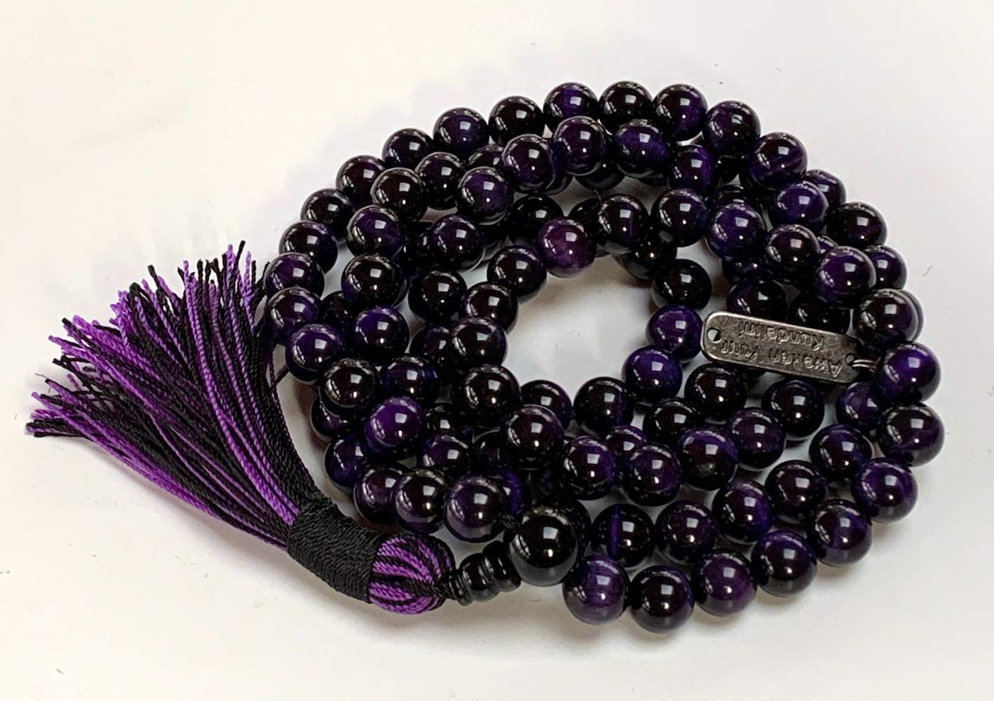 Handmade Purple Tiger's Eye Mala Necklace: Aquarius & Pisces Birthstone - Intuition & Confidence - Third Eye & Solar Plexus Chakra (8mm Beads, 36 Inch Length)