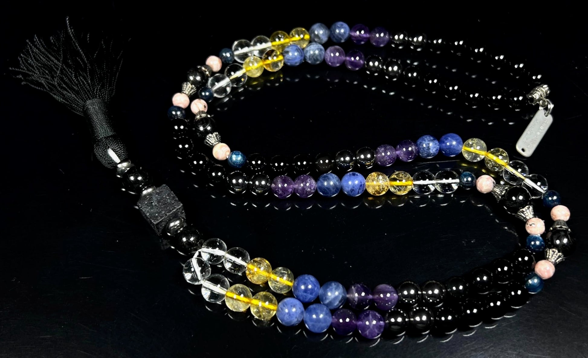 Saturn Retrograde Mala Necklace Close-up Detail - 8mm Premium Gemstone Beads - 10 Transformative Stones for Planetary Alignment - Hand-Knotted Sacred Geometry - VESTA Collection - Cosmic Consciousness Meditation Jewelry - Natural Stone Variations - Handmade USA AYK