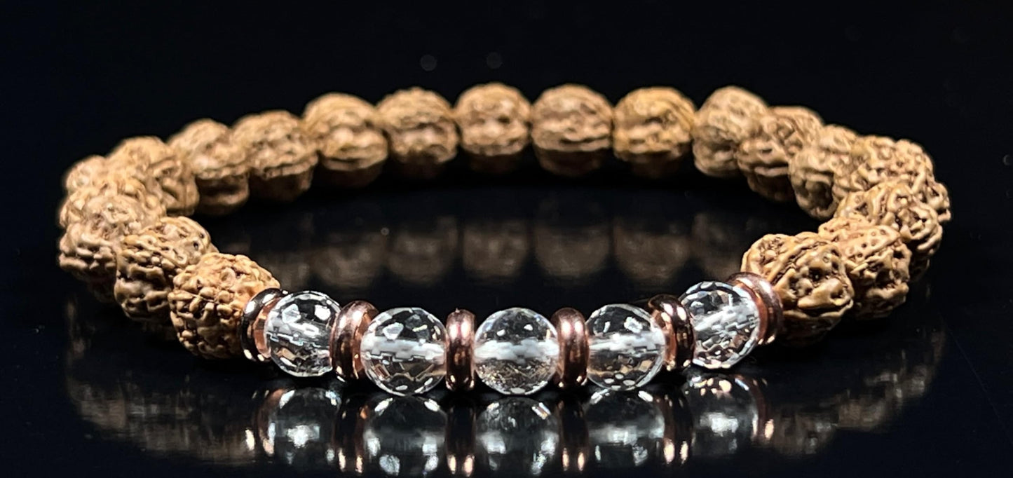 5 Mukhi Chikna Rudraksha Bracelet with Crystal Quartz | Stretch Beads for Balance & Clarity