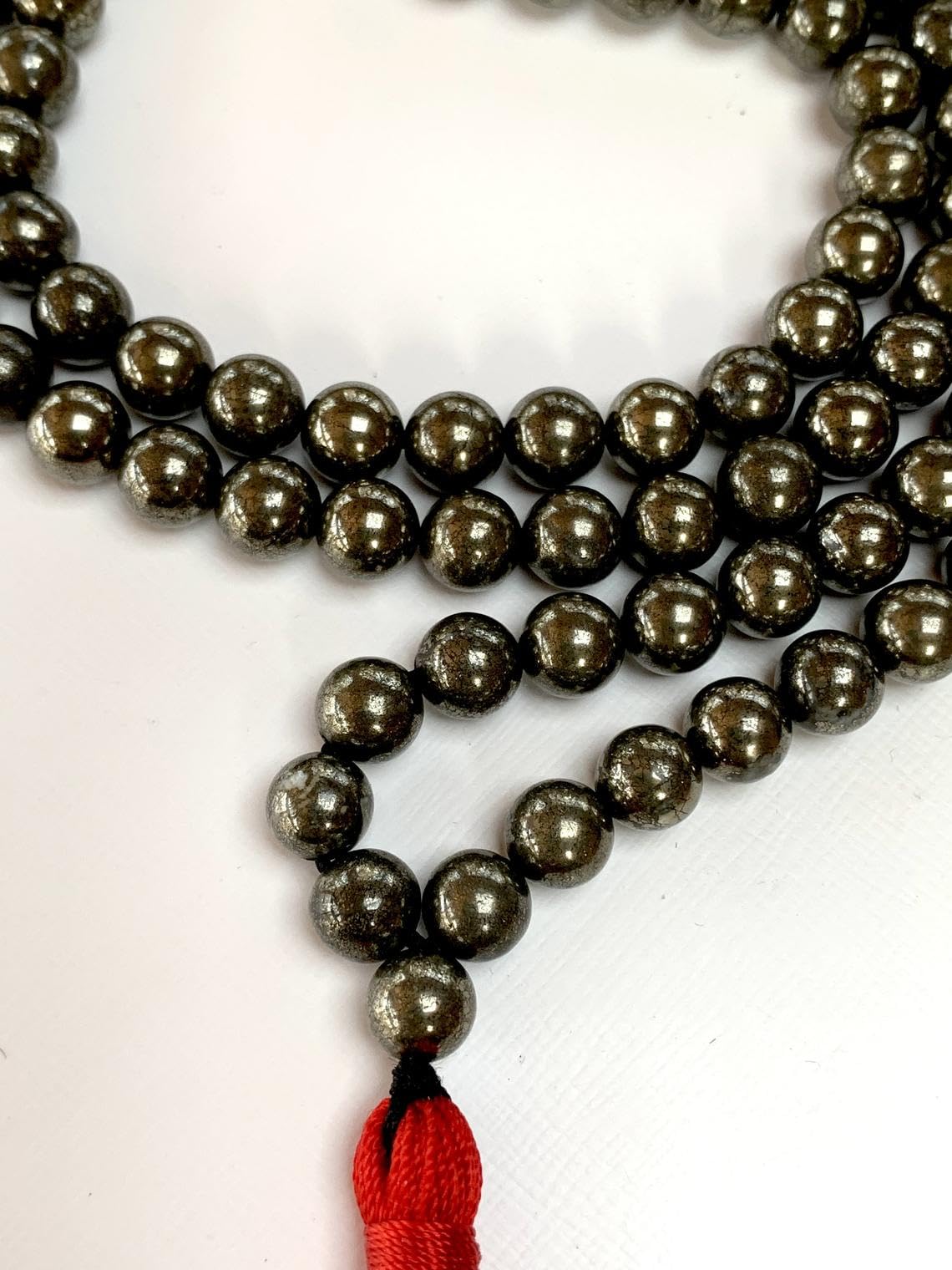 Pyrite Mala Necklace, 8mm 108 Beads Iron Pyrite Tassel Necklace for Men, Women, Leo Birthstone, Sacral Chakra Association