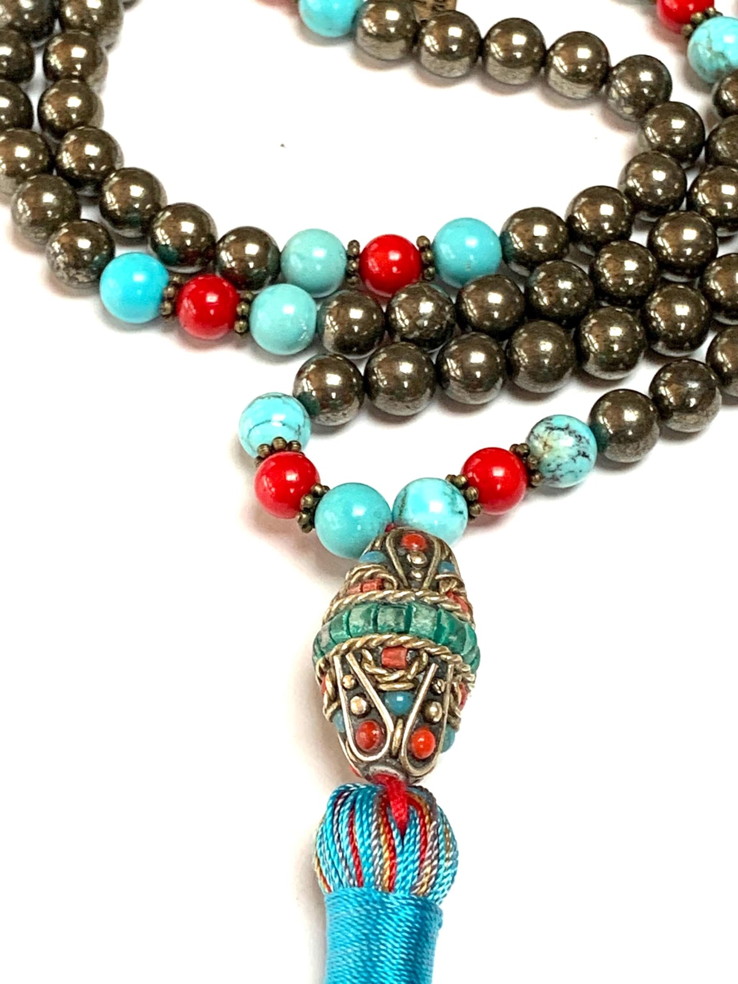 Stunning Pyrite Turquoise Red Coral Mala Beads Necklace – Scorpio & Aries Birthstone for April & October – Root and Throat Chakra - 108 Beads