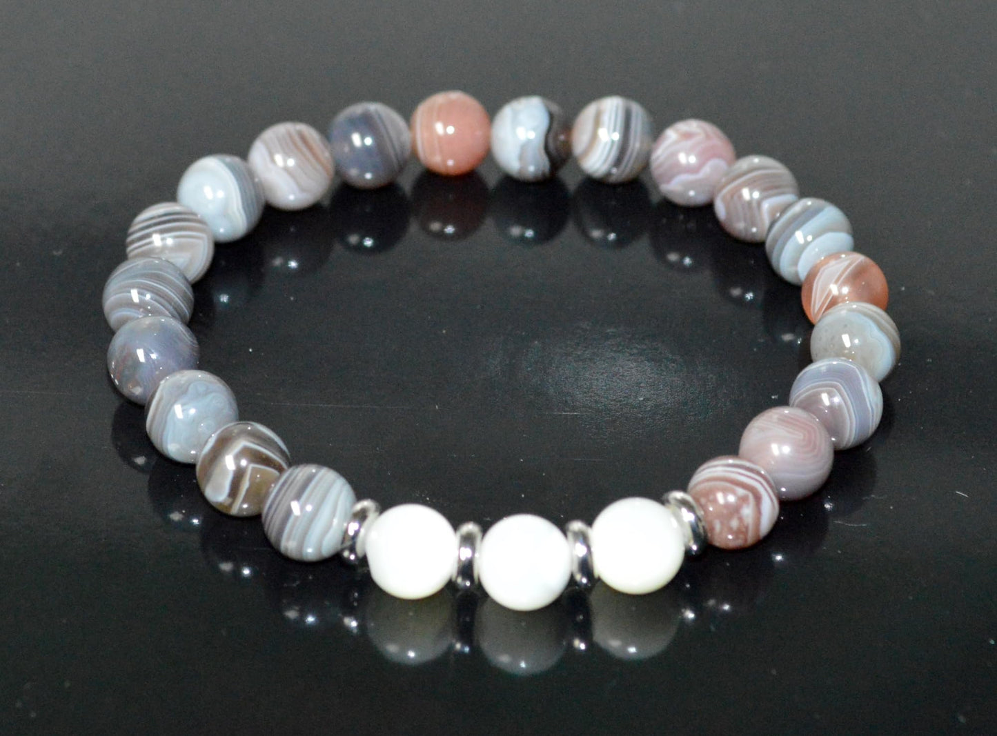 Botswana Agate and Mother of Pearl Stretch Bracelet - Gemini Birthstone for May - Heart Chakra - Astrological Sign Taurus