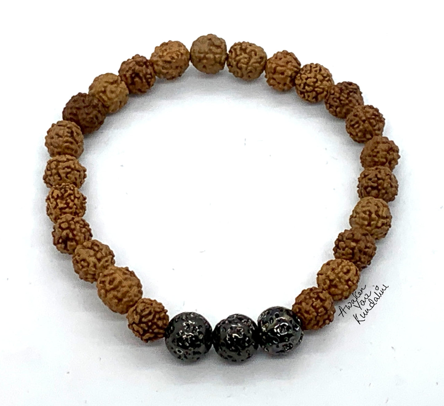 VULCAN 5 Mukhi Rudraksha & Gun Metal Lava Bracelet | Grounding & Spiritual Focus