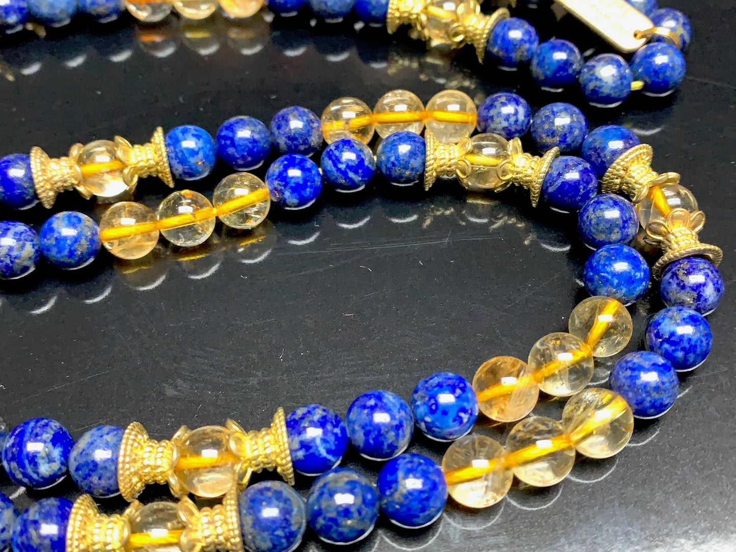 Handmade Golden Wisdom Mala Necklace – Citrine & Lapis Lazuli | 8mm 108 Beads | Solar Plexus & Throat Chakras | November & September Birthstones | Ethically Sourced