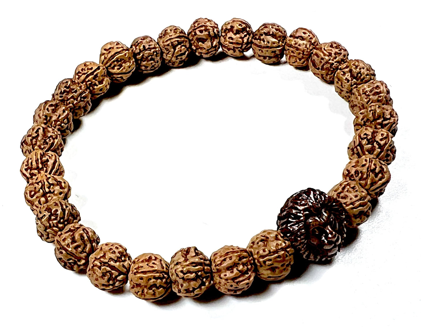 Unleash Inner Strength & Grounding: Handmade 5 Mukhi Rudraksha & Bronze Polished Lion Head Bracelet (8mm) - Root Chakra & Universal Birthstone