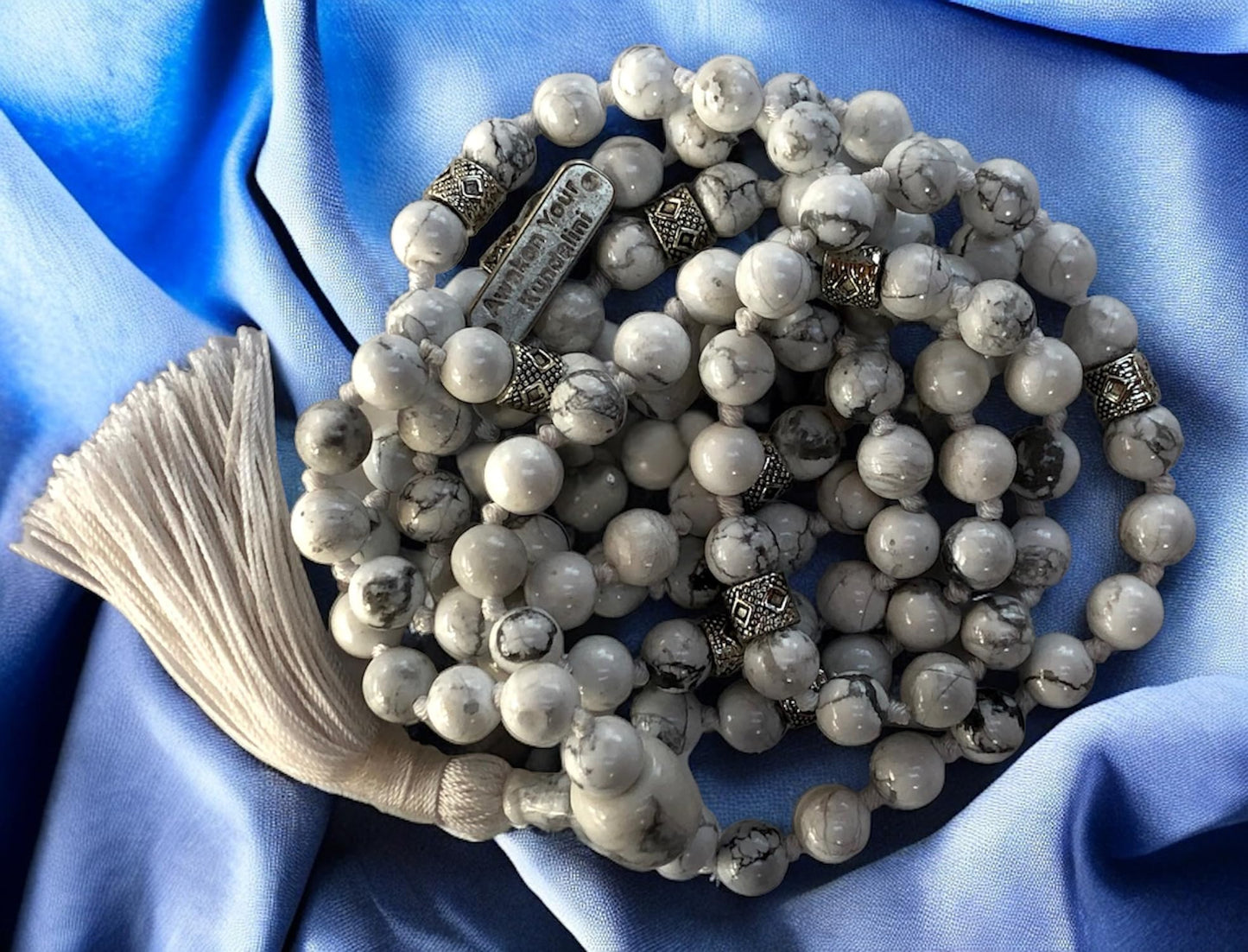 Hand Knotted White Howlite Mala Necklace (8mm 108 Beads, Zinc Alloy Spacers) - Gemini Birthstone, Zodiac Sign, and Throat Chakra