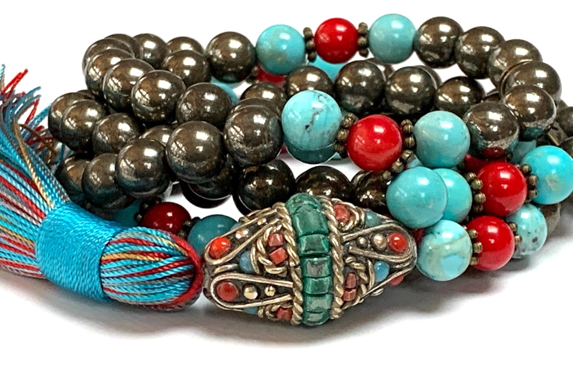 Pyrite Turquoise Red Coral Mala Beads Close-up 8mm Hand-Knotted Natural Stone HIRANYA Collection Root Throat Chakra Healing Protection Communication Meditation Handmade USA AYK