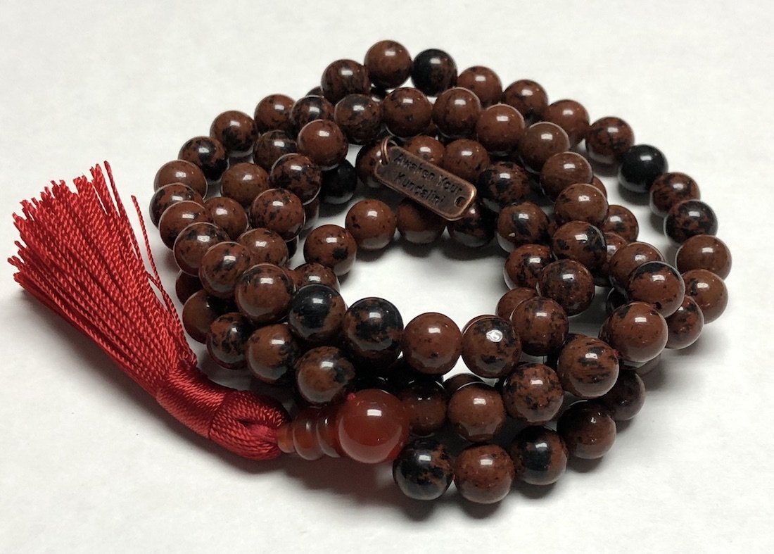 Awaken Your Kundalini Crystals Mala Beads Necklace Reiki healing stones Blessed & Energized Handmade 108 Buddhist Prayer Beads - Comes w/Velvet Pouch (Mahogany Obsidian, 10 mm)