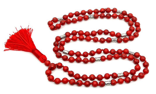 Certified Energized Mala Beads Necklace with COA - Chakra Mala - Japa Mala - 8mm 108 Buddhist Prayer Beads - Meditation Mala - Tassel Necklace – Zodiac/Sun Sign stones (Red Howlite)