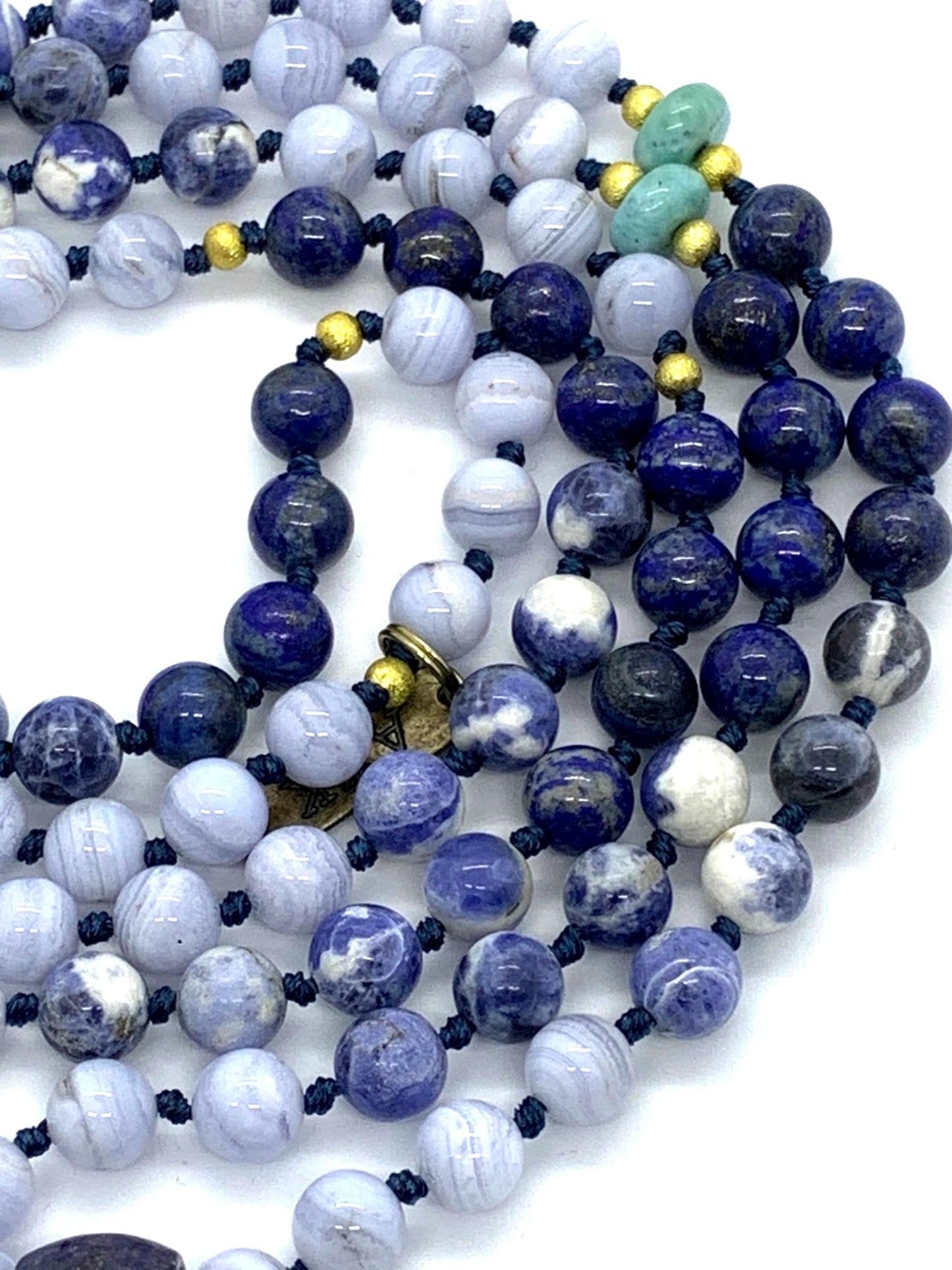Hand Knotted Oceanic Wisdom Mala Necklace – Lapis Lazuli, Sodalite, Blue Lace Agate & Amazonite | 8mm 108 Beads | September & December Birthstones | Throat & Third Eye Chakras | Ethically Sourced
