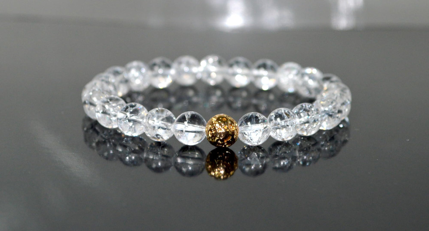 Himalayan Ice Crystal Quartz and Lava Beads Stretch Bracelet – Multi Tone Finish – Aries Birthstone – Universal Sun Sign - Crown Chakra Energy Bracelet