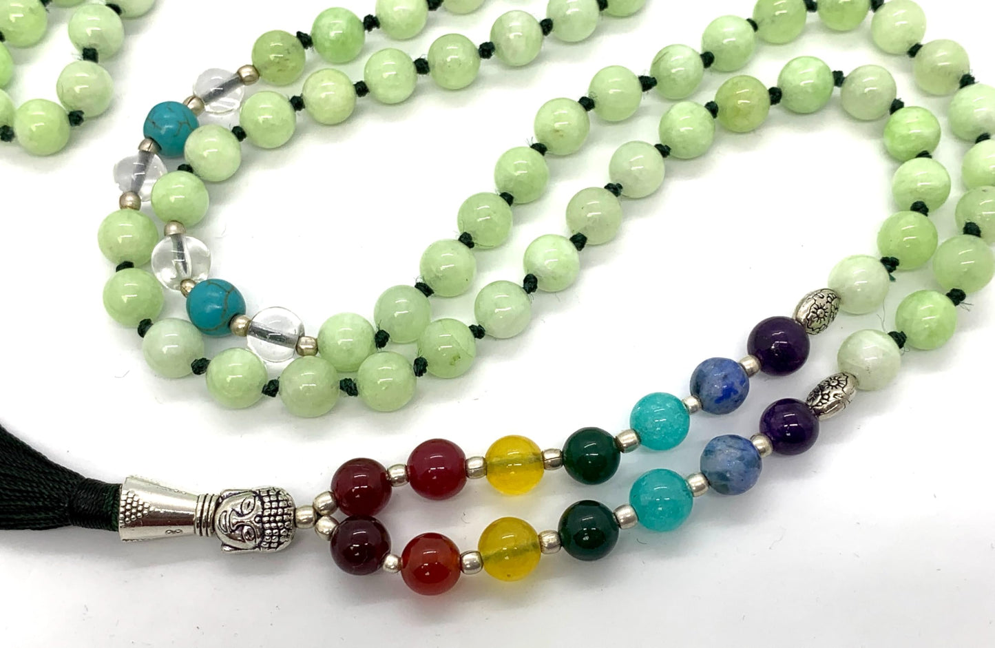 Energized 7 Chakra mala beads Hand Knotted 108 beads necklaces - Japa - Buddhist prayer beads - Meditation - Healing crystals for men women (Fluorescent Green Jade Heart chakra mala)