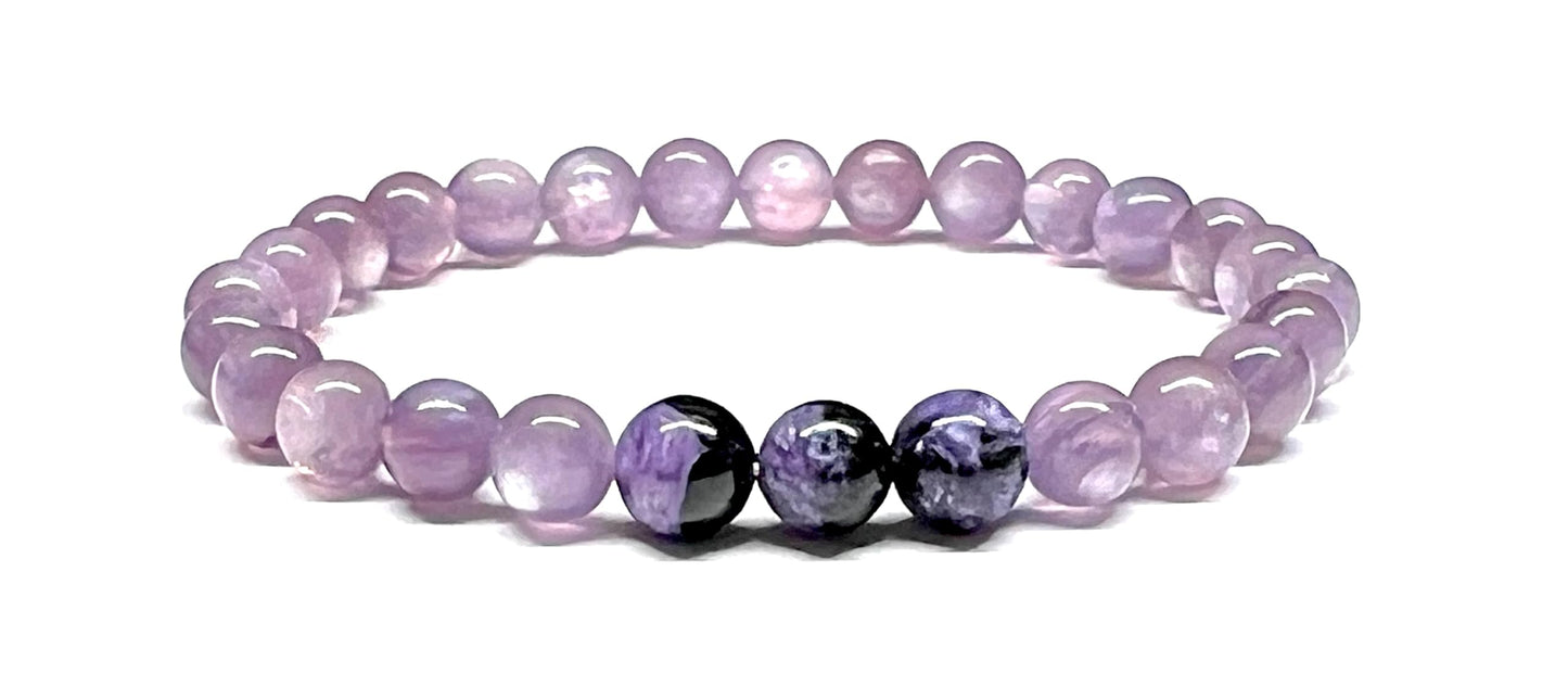 AAAAA Grade 8mm Lepidolite and Charoite Stretch Bracelet – Birthstone for October (Libra) & November (Scorpio) – Third Eye & Crown Chakra Jewelry