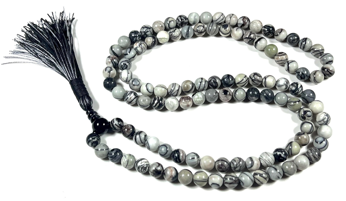 Handmade Natural Netstone Jasper Mala Beads Necklace | 8mm | 108 Beads | Earth Energy Mala | Aries Birthstone & Root Chakra