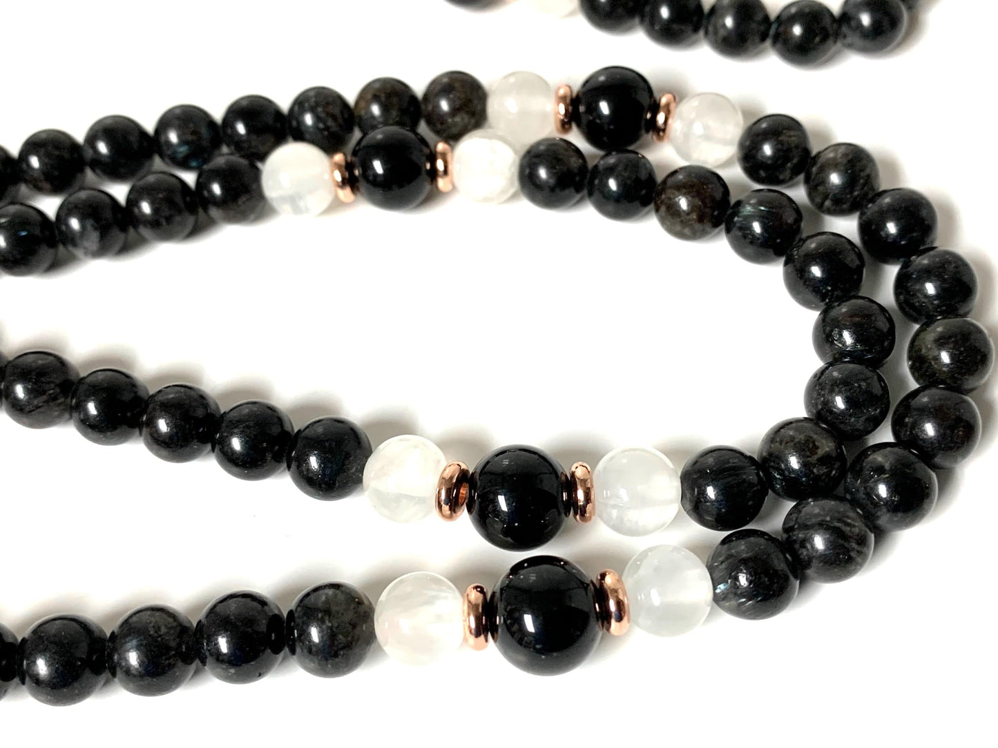Stretchable Black Tourmaline & Selenite Mala Beads Necklace | 8mm 108 Beads | Root & Crown Chakras | Birthstone Energy | Ethically Sourced