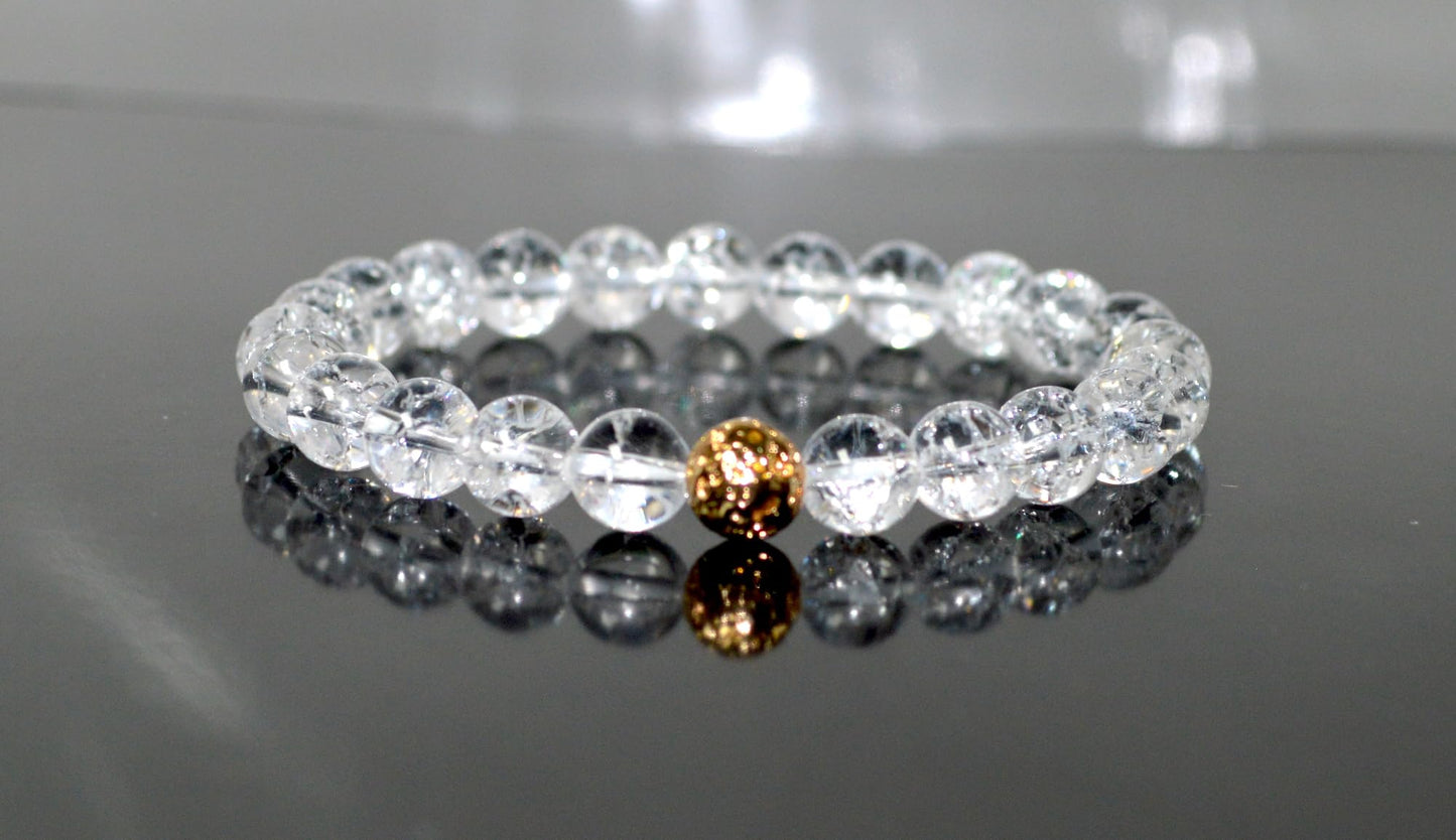 Himalayan Ice Crystal Quartz and Lava Beads Stretch Bracelet – Multi Tone Finish – Aries Birthstone – Universal Sun Sign - Crown Chakra Energy Bracelet