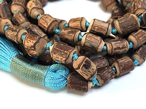 Tulsi mala beads necklace - Energized hand knotted Holy Basil 108 beads w/Velvet Pouch - PURE RAW CUT ROUGH Prayer beads - chanting mantra Meditation - Red Blue Green Orange String (SKY BLUE)