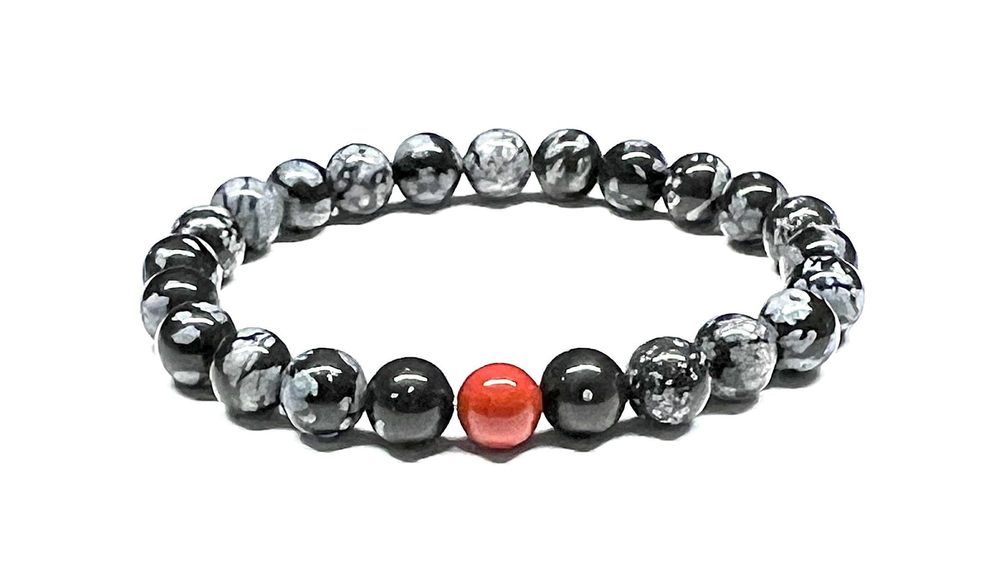 Snowflake Obsidian & Red Jasper Stretch Bracelet - Aries Scorpio Sagittarius Birthstone for March October November December - Root Chakra