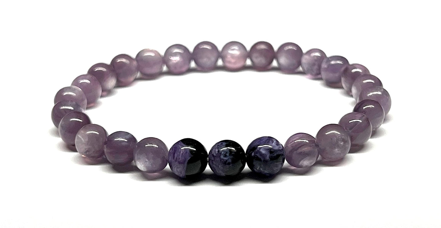 AAAAA Grade 8mm Lepidolite and Charoite Stretch Bracelet – Birthstone for October (Libra) & November (Scorpio) – Third Eye & Crown Chakra Jewelry
