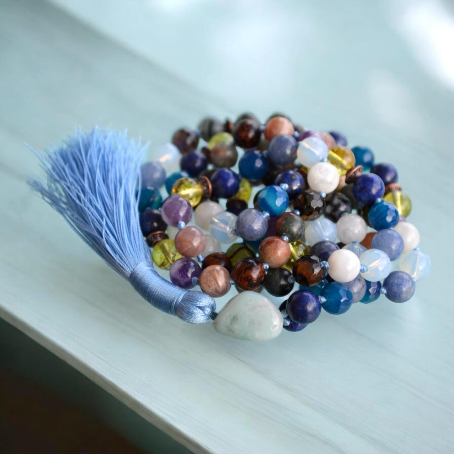 Hand Knotted Libra Mala Beads Necklace - Birthstone Jewelry for September and October - Heart and Throat Chakra Alignment - Heart and Throat Chakra Alignment