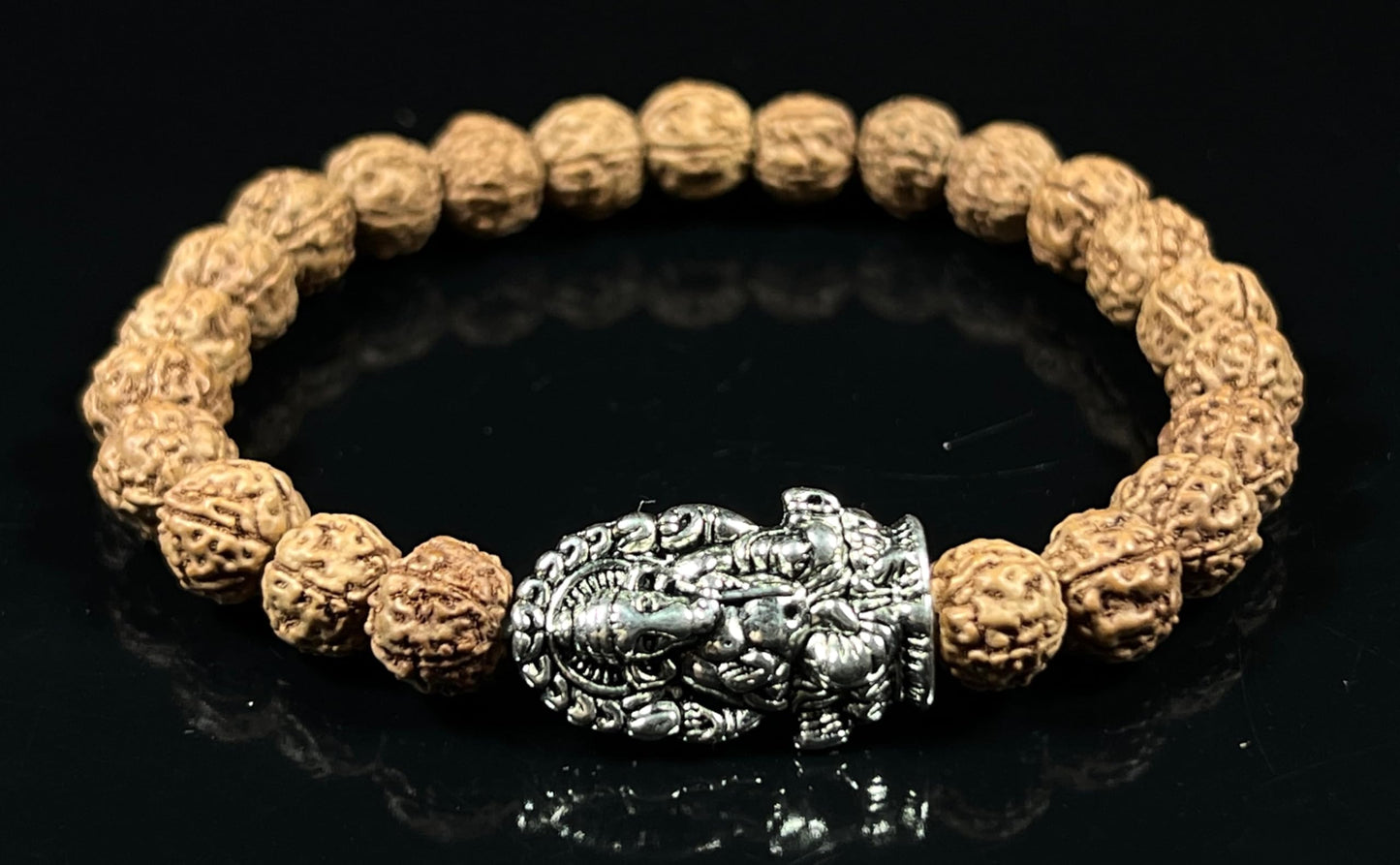 5 Mukhi Rudraksha Beads Stretchable Bracelet - 8mm Real Chikna Rudraksh Beads - w/God Ganesha Ganesh Ganpati Accent - Natural & Ethically Sourced