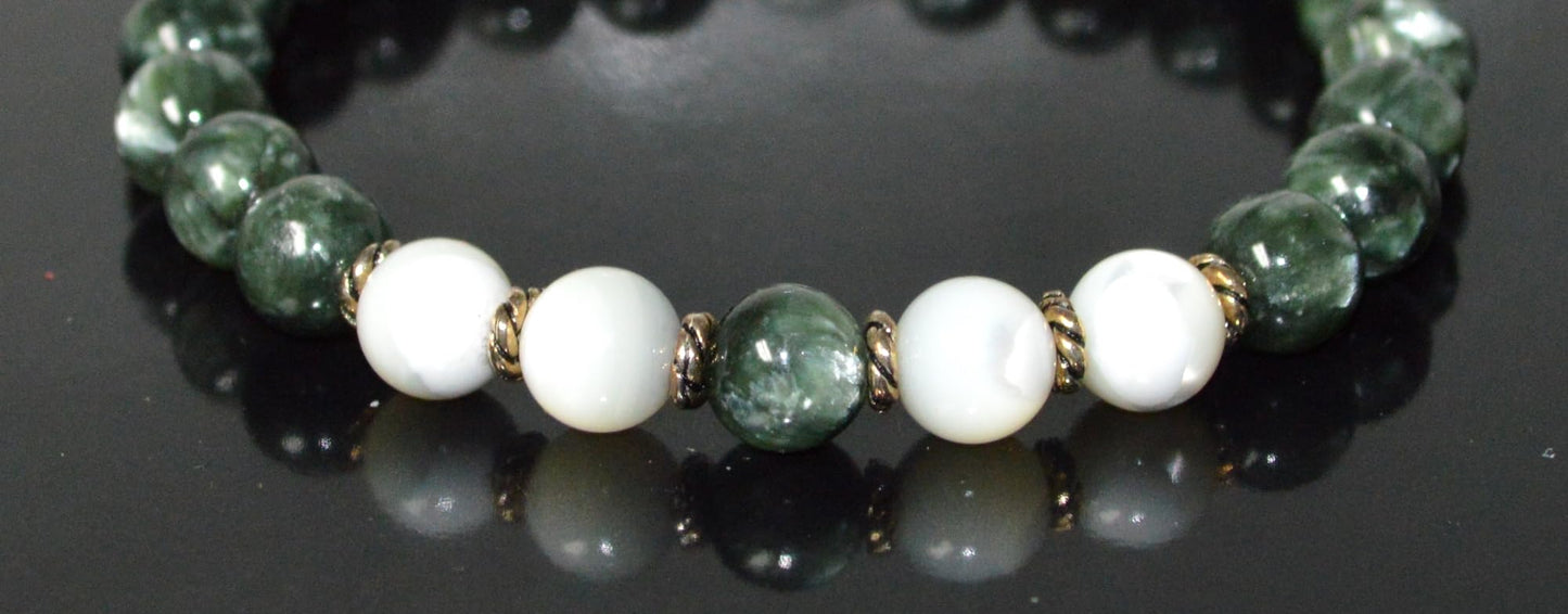 Seraphinite and Mother of Pearl Beads Stretch Bracelet - Universal Birthstone - Heart Chakra Jewelry