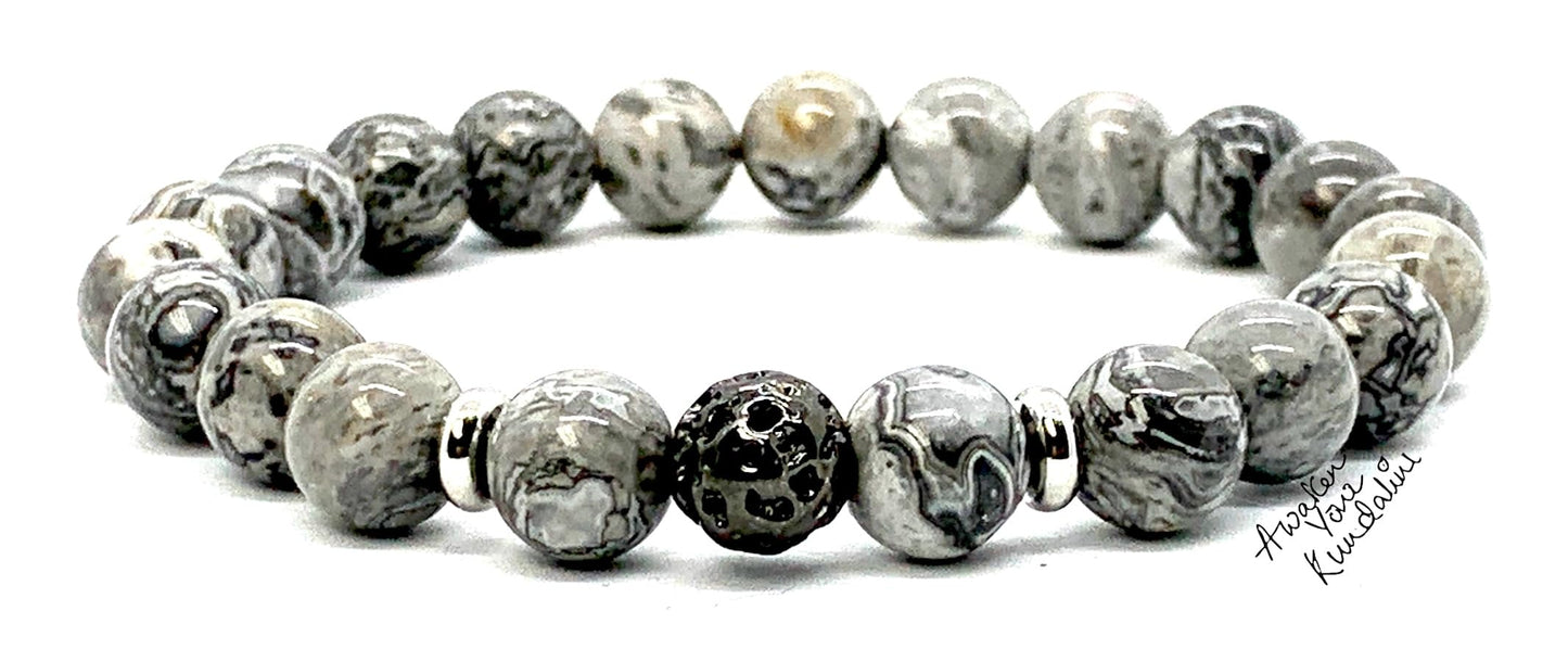 Scenic Jasper and Lava Stretch Bracelet with Choice of Black or Silver Finish Lava Bead – Leo Birthstone and Root Chakra