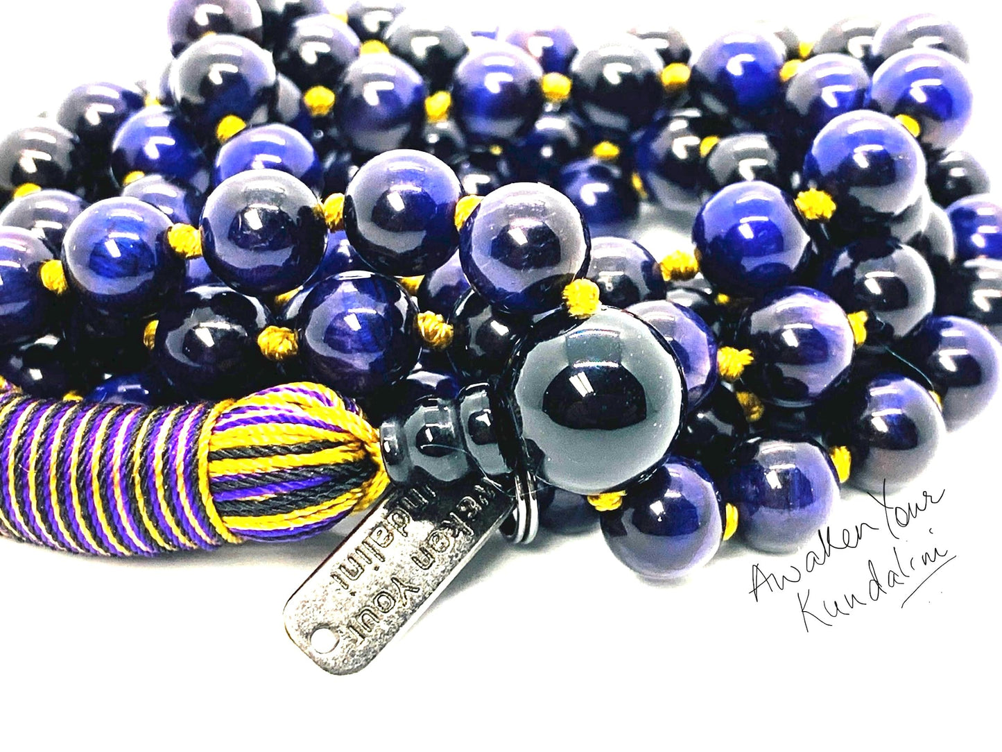 Hand Knotted Royal Guardian Mala – 8mm Purple Tiger’s Eye with Black Tourmaline Guru | 108 Beads | Third Eye & Root Chakras | February Birthstone Energy | Ethically Sourced