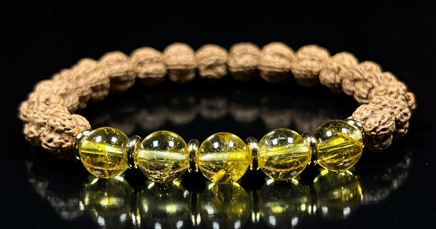 5 Mukhi (5 Faces) Chikna Rudraksha and Citrine Stretch Bracelet - November Birthstone for Sagittarius and Scorpio - Solar Plexus Chakra