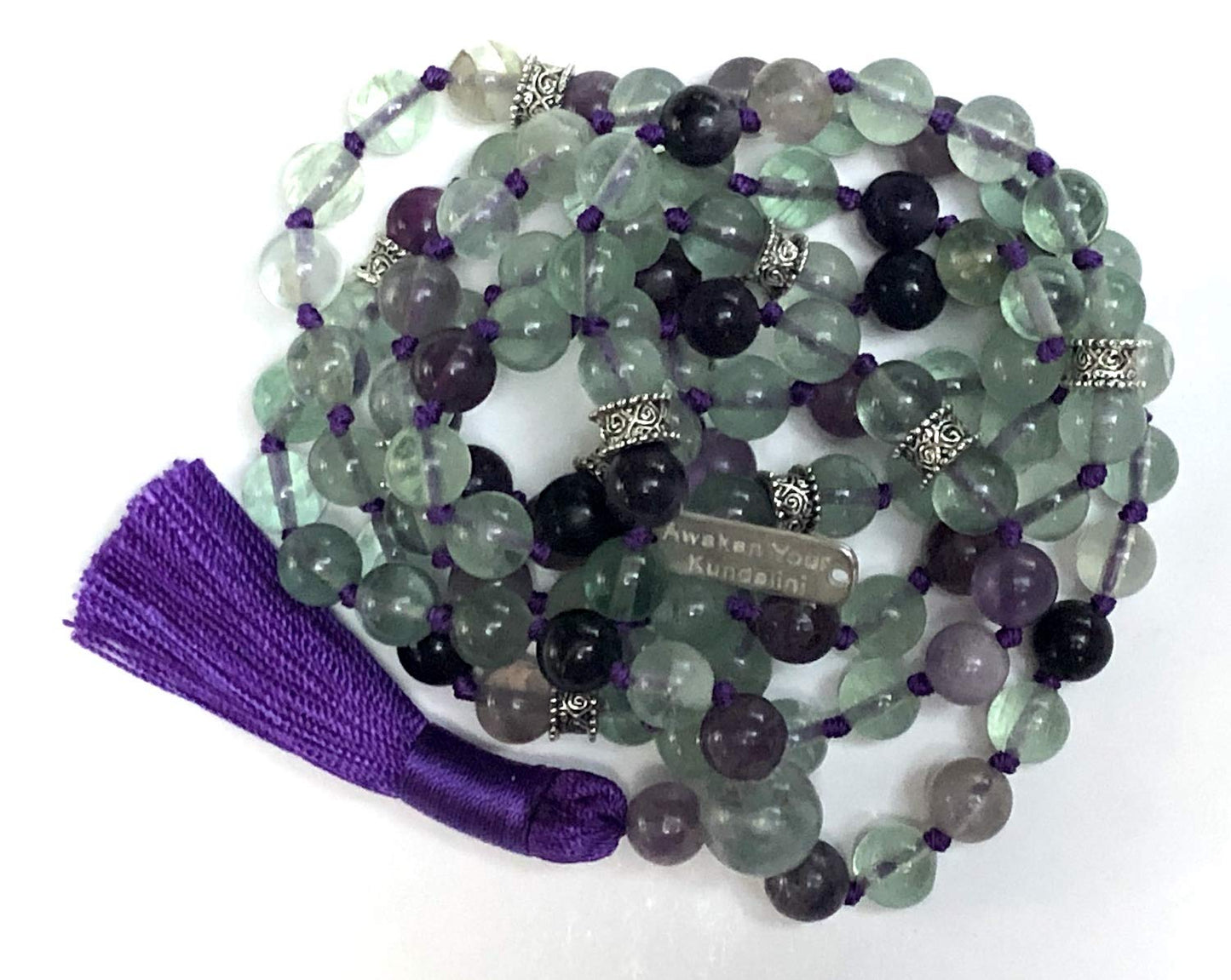 Hand-Knotted 8mm Rainbow Fluorite Mala Beads Necklace, Pisces Birthstone For February-March Heart and Third Eye Chakra