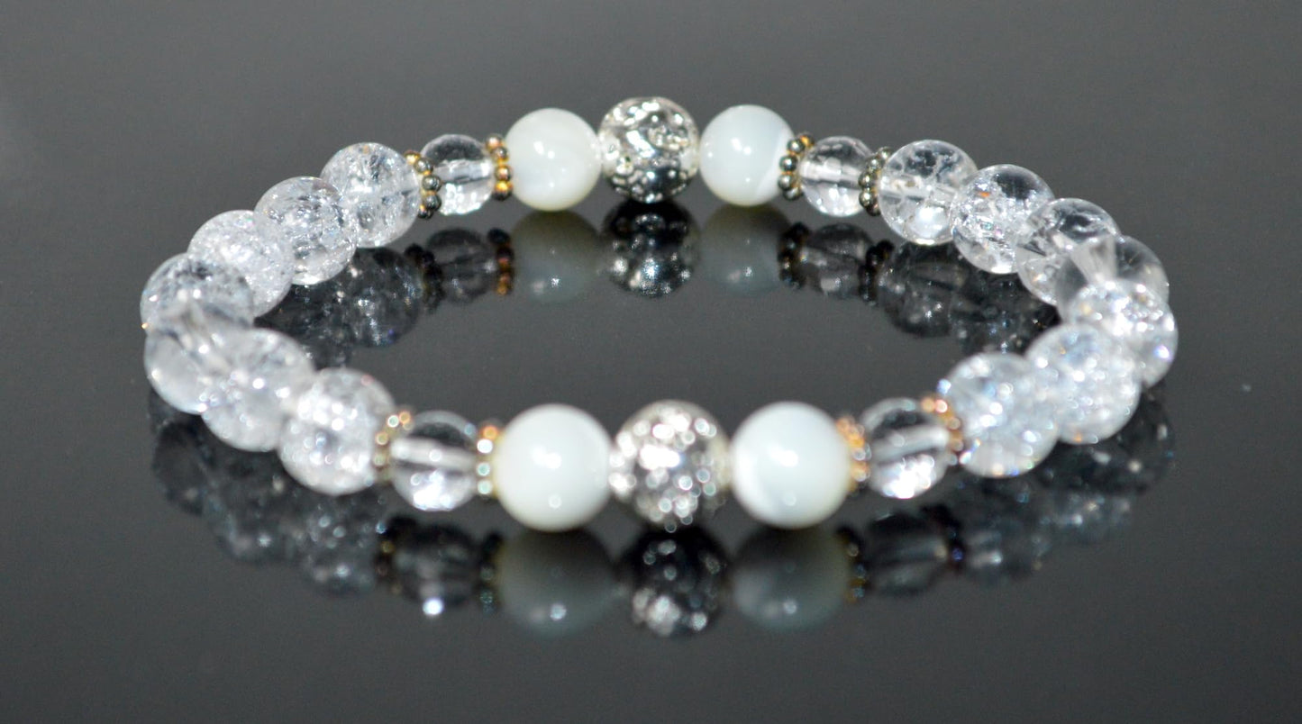 Handmade AAA Crackled and Faceted Crystal Quartz with Mother of Pearl Stretch Bracelet, Gemini Birthstone, May-June Sun Sign, Crown Chakra