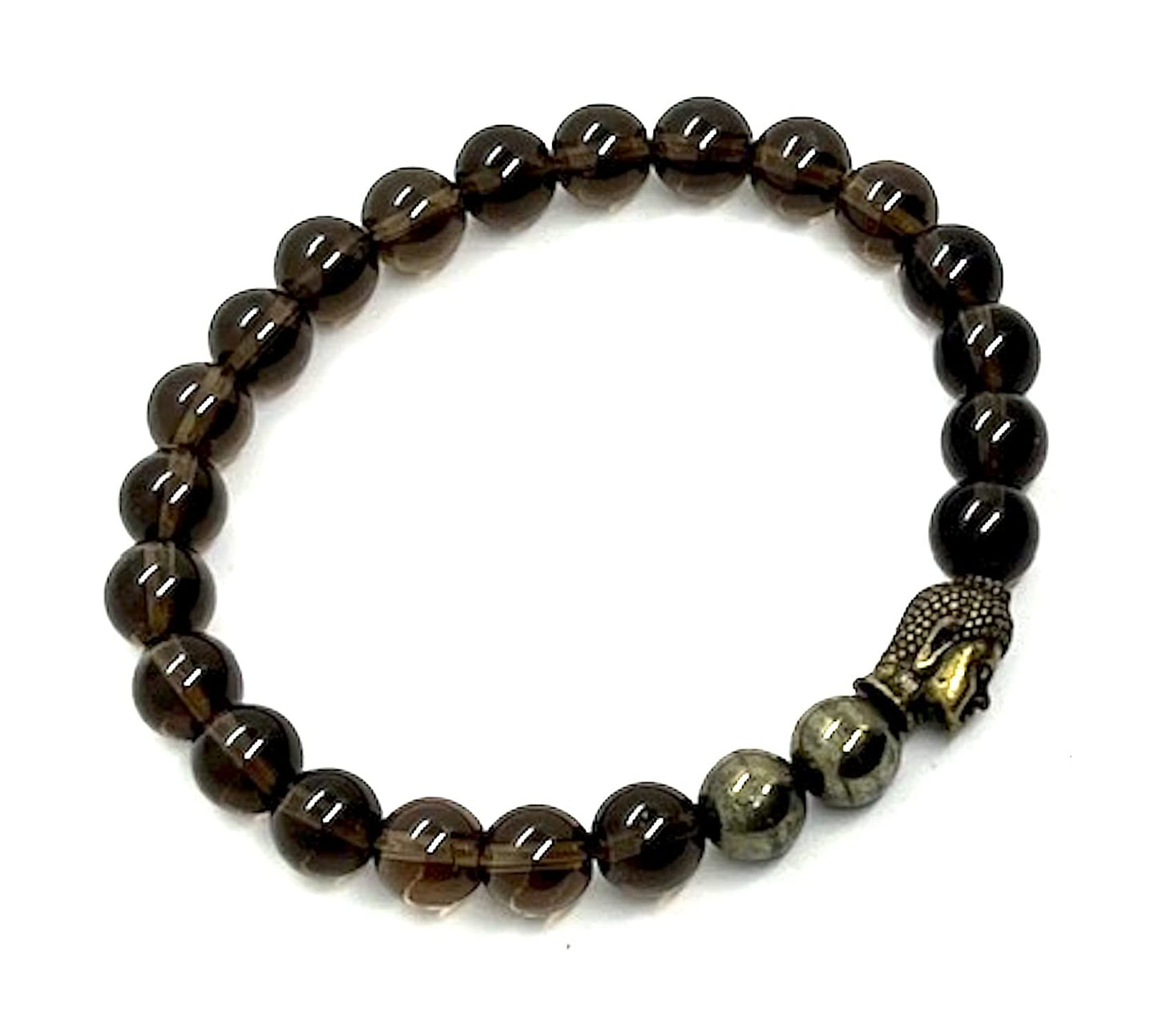 Cultivate Grounding & Transformation: Capricorn Birthstone - Smoky Quartz & Pyrite Root & Solar Plexus Chakra Mala Bracelet (8mm Beads) - Unisex - Buddha Head Spacer
