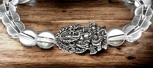 8mm Clear Crystal Quartz beaded stretch bracelet with a silver intricate Ganesha charm
