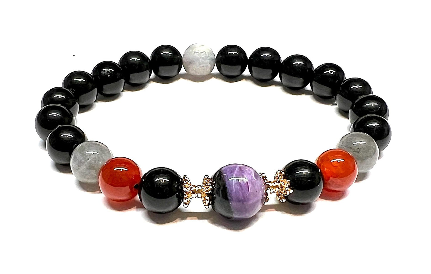 Empath Support Stretch Bracelet - Black Tourmaline, Labradorite, Carnelian, Charoite - 8mm Beads - Multiple Birthstone & Chakra Association