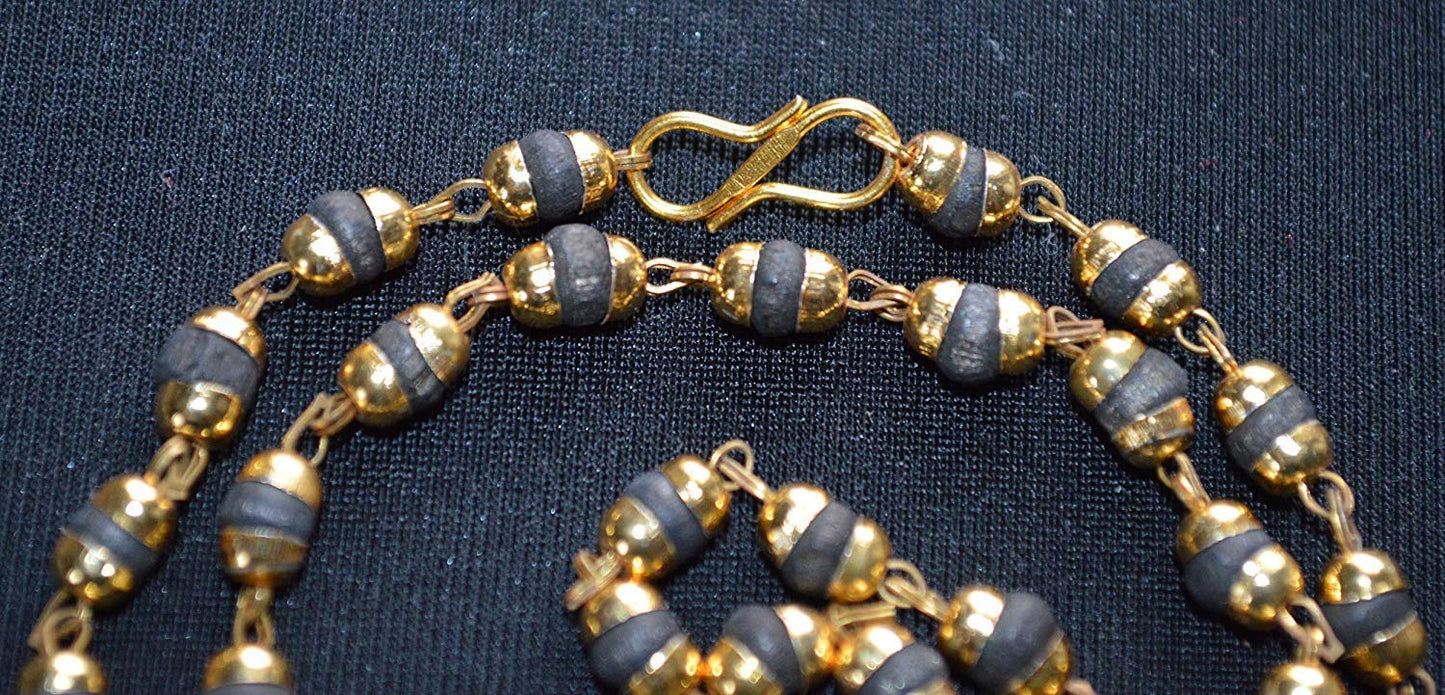 Tulsi mala beads necklace 6mm Holy Basil beads Buddhist Prayer beads with gold/silver caps w/ or w/o S Hook - Sacred calming beads for peace harmony (Style-2 (Black Gold Caps w/ S Hook))