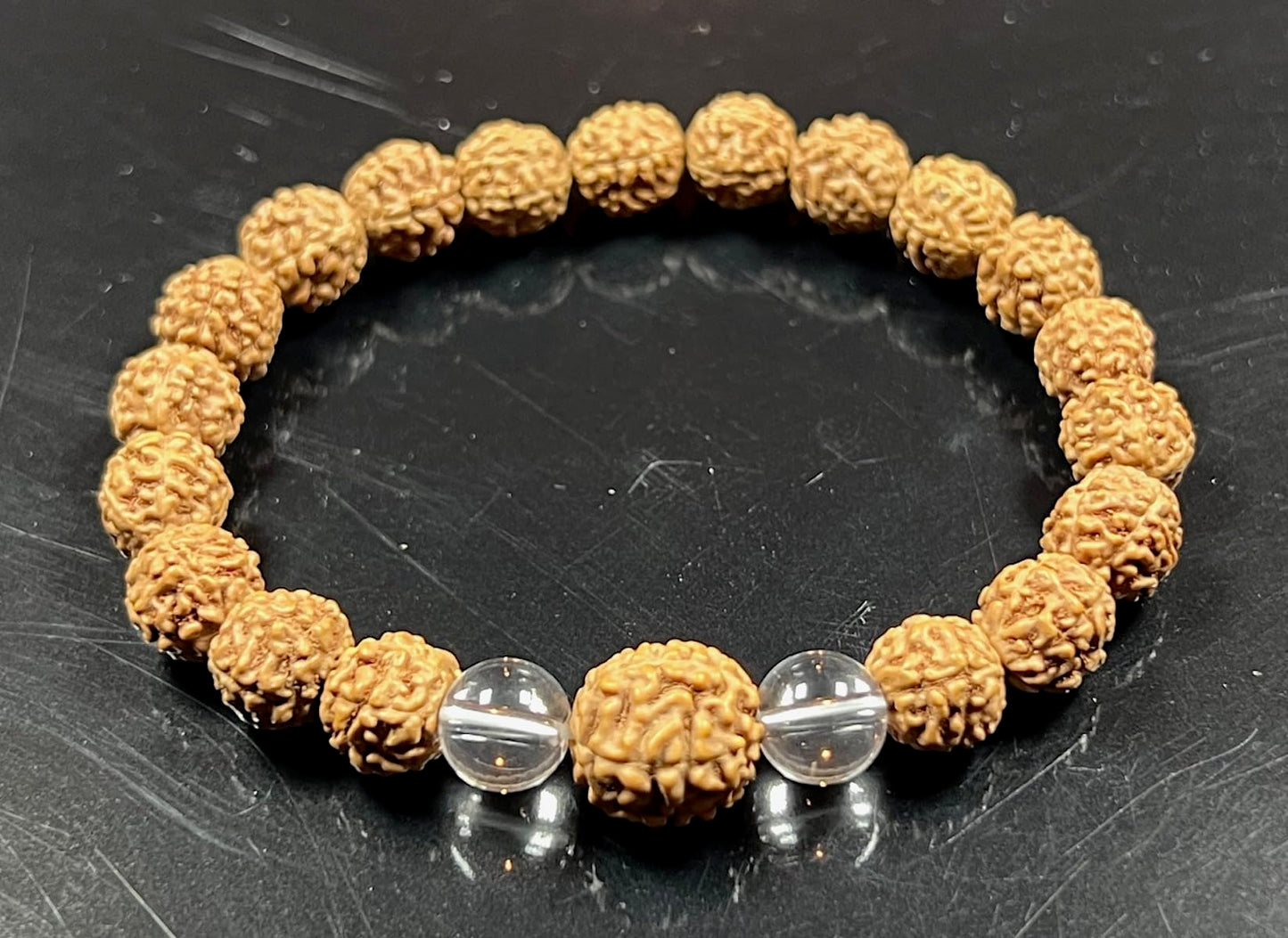AWAKEN YOUR KUNDALINI Divine Harmony - Stretch Bracelet with Rudraksha & Crystal Quartz - 5 Mukhi, 7 Mukhi Rudraksha, April Birthstone, Taurus Gemstone, Root Chakra