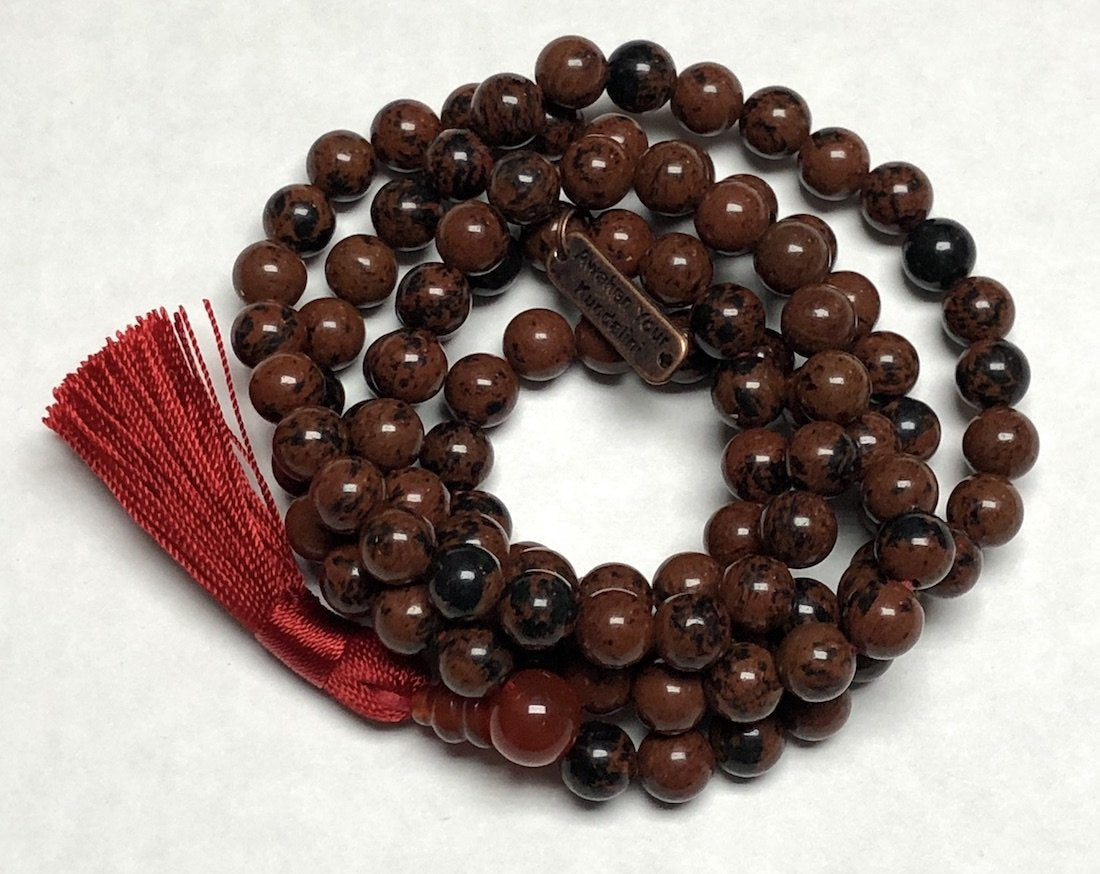 Awaken Your Kundalini Crystals Mala Beads Necklace Reiki healing stones Blessed & Energized Handmade 108 Buddhist Prayer Beads - Comes w/Velvet Pouch (Mahogany Obsidian, 10 mm)